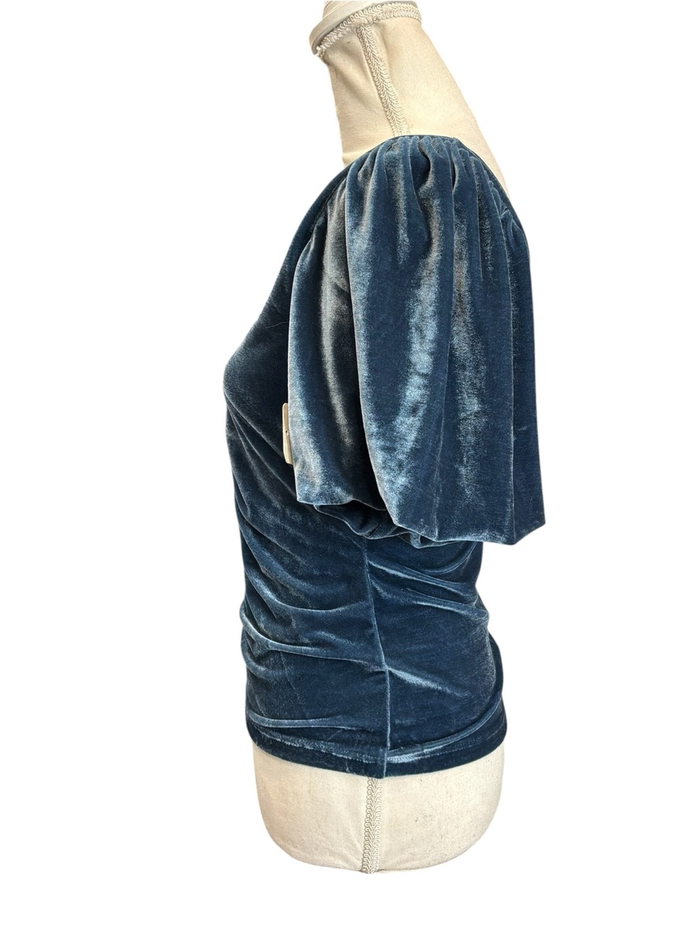 Free People Velvet Ruched Puff Sleeve V-Neck Top Blue Gray Small NWT - Picture 6 of 11